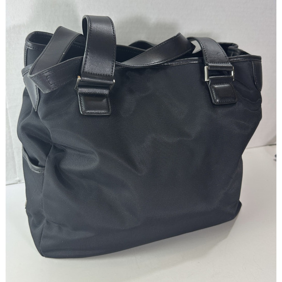 Tumi Leather Trim Nylon Tote Travel Shoulder Bag Black Open Top Zip Pocket - Picture 2 of 16